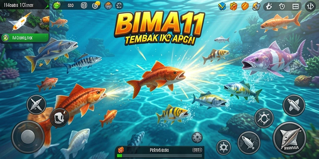 Screenshot utama BIMA11 menampilkan aksi menembak ikan yang seru.